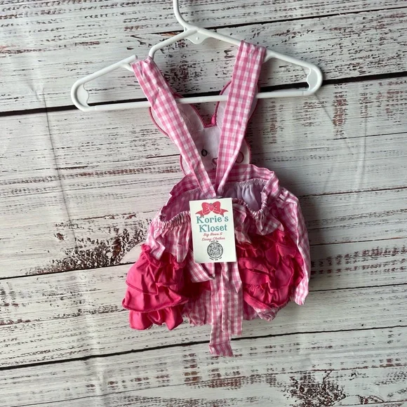 Korie’s Kloset // Pink Gingham Easter Bunny Romper with Tie Back and Ruffle Butt - Picture 3 of 4
